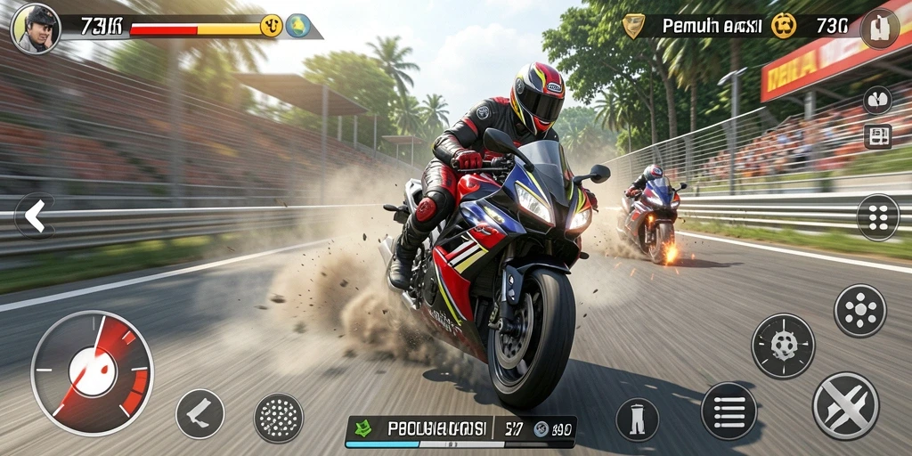 Gameplay seru balapan motor dengan lintasan menantang.