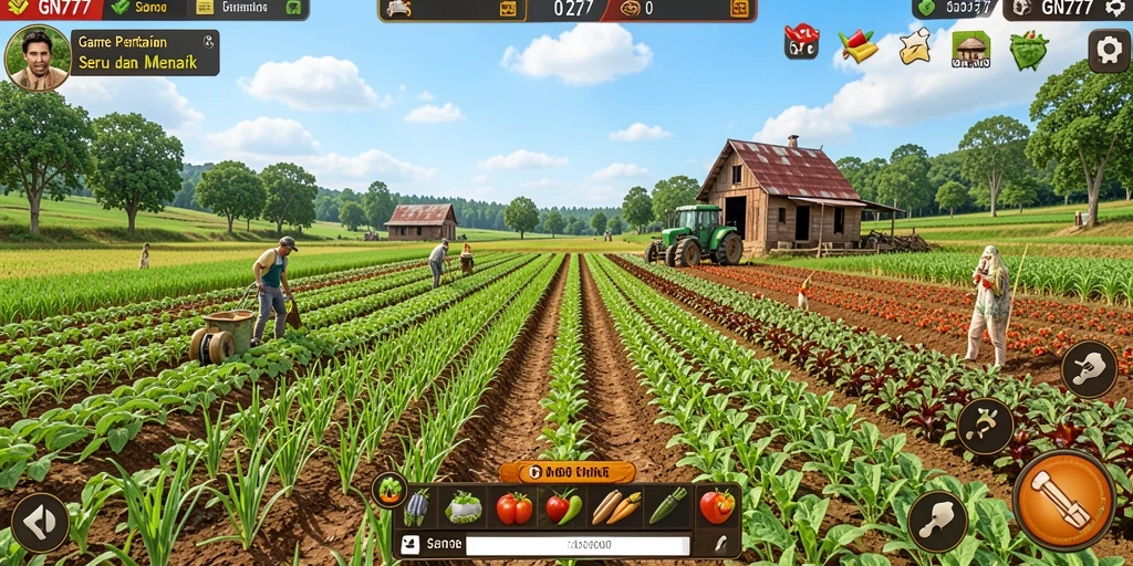 Tampilan gameplay GN777 menunjukkan petani yang sedang panen di ladang hijau.