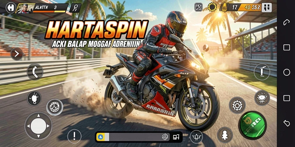 Screenshot menunjukkan balapan motor yang intens dan dramatis.