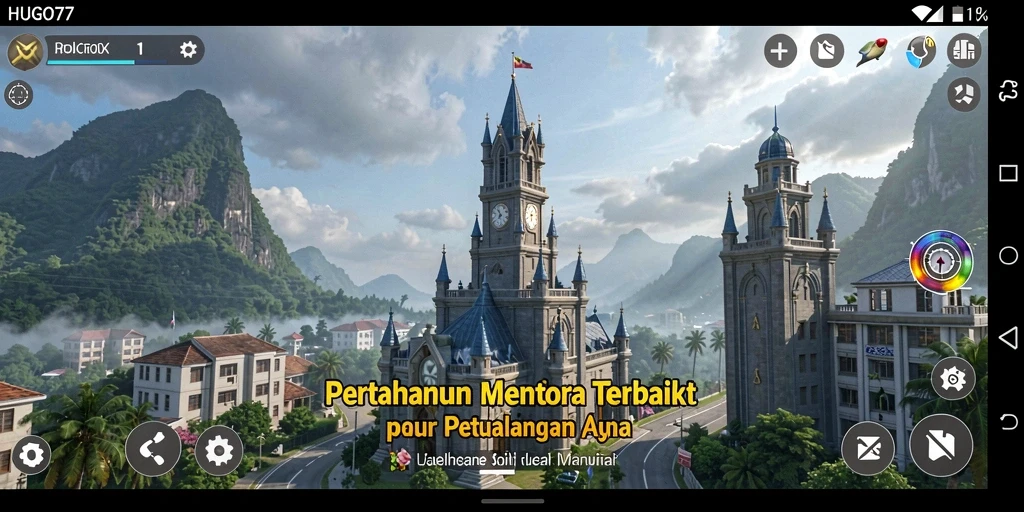 Tampilan gameplay HUGO77 dengan menara pertahanan yang ditingkatkan.